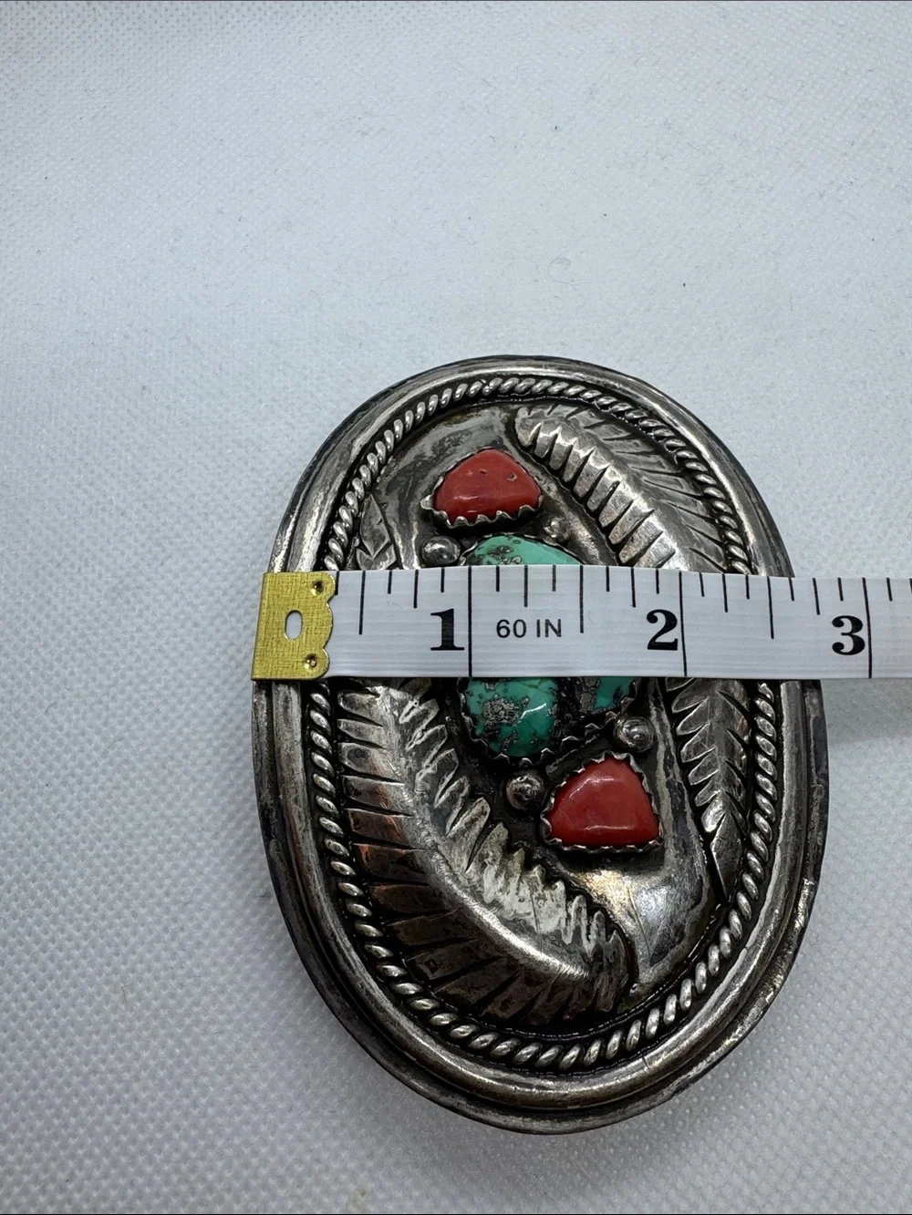 Turquoise and Coral Silver Western Belt Buckle Vintage